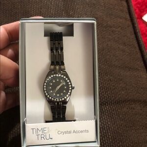Time and Tru Silver and Black Watch with Crystal Accents